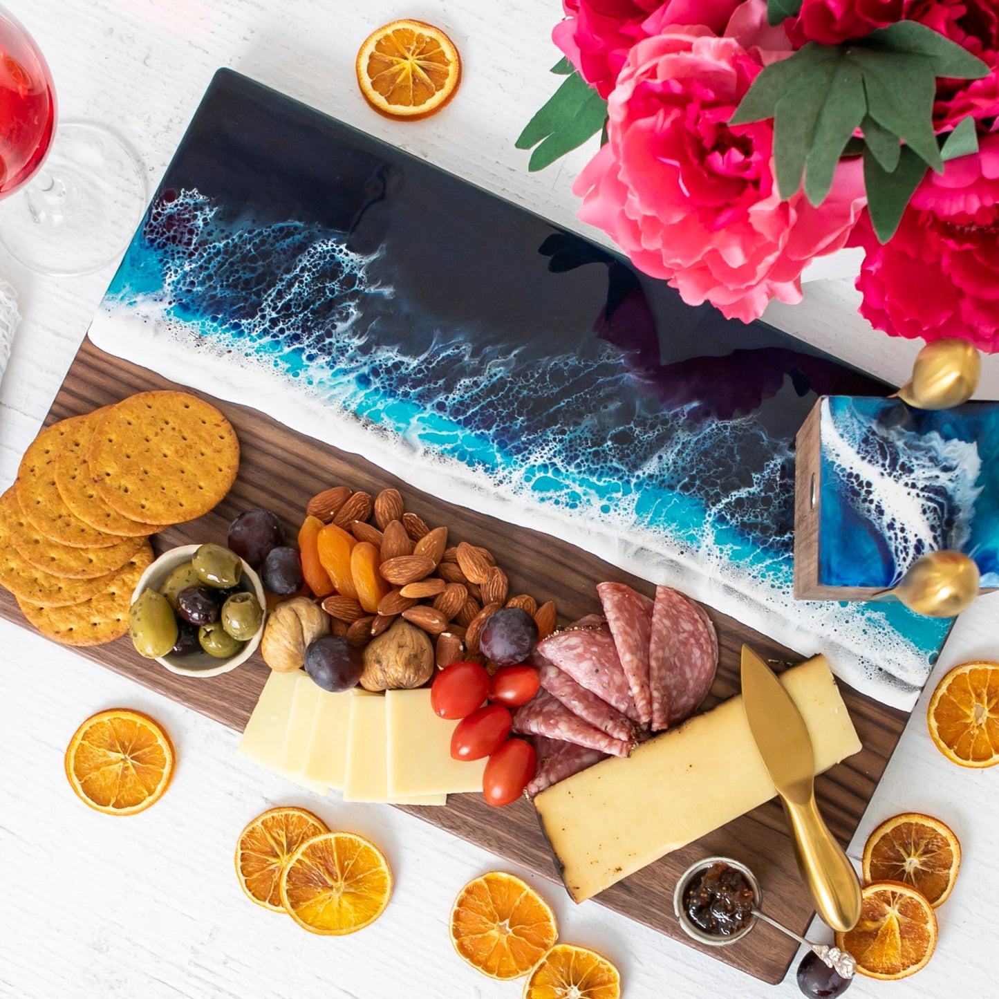 Walnut Wood Cutting Board with Resin Ocean Wave Art