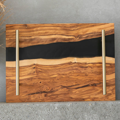 Personalized Resin River Charcuterie Tray – Olive Wood and Black Epoxy