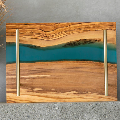 Personalized Resin Charcuterie Tray – Olive Wood and Blue Epoxy