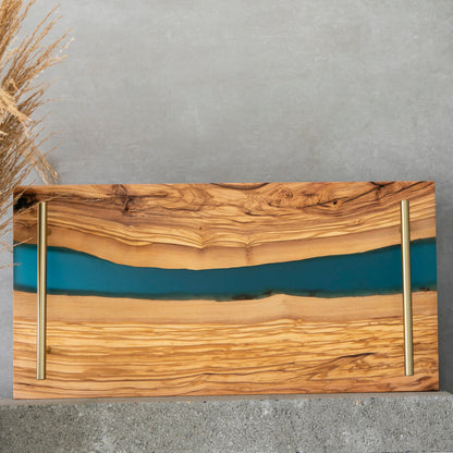 Personalized Resin Charcuterie Tray – Olive Wood and Blue Epoxy