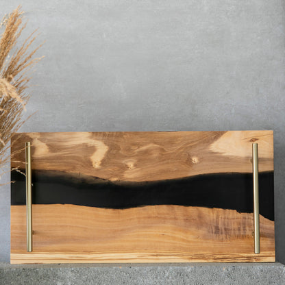 Personalized Resin River Charcuterie Tray – Olive Wood and Black Epoxy