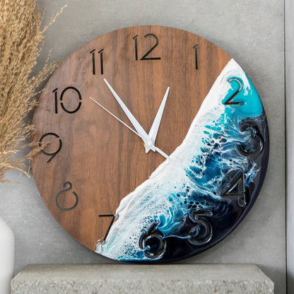 Round Wooden Wall Clock With Handmade Resin Effect Wave Art