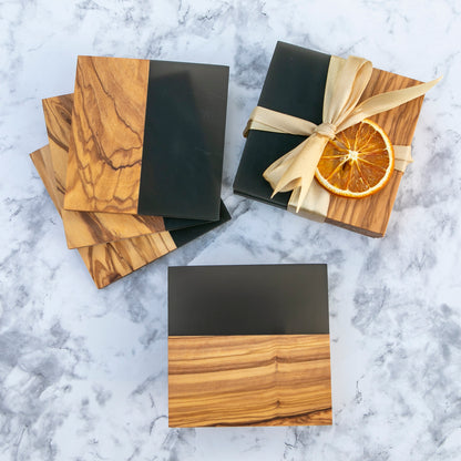 Personalized Resin River Coasters – Olive Wood and Epoxy Coaster Set -Black