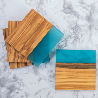 Personalized Resin River Coasters – Olive Wood and Epoxy Coaster Set -Blue