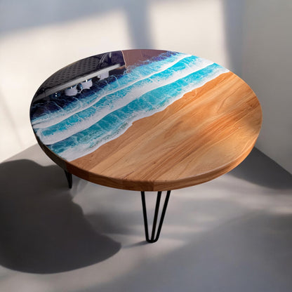 Resin Ocean Wave Coffee Table with Round Rustic Reclaim Wood