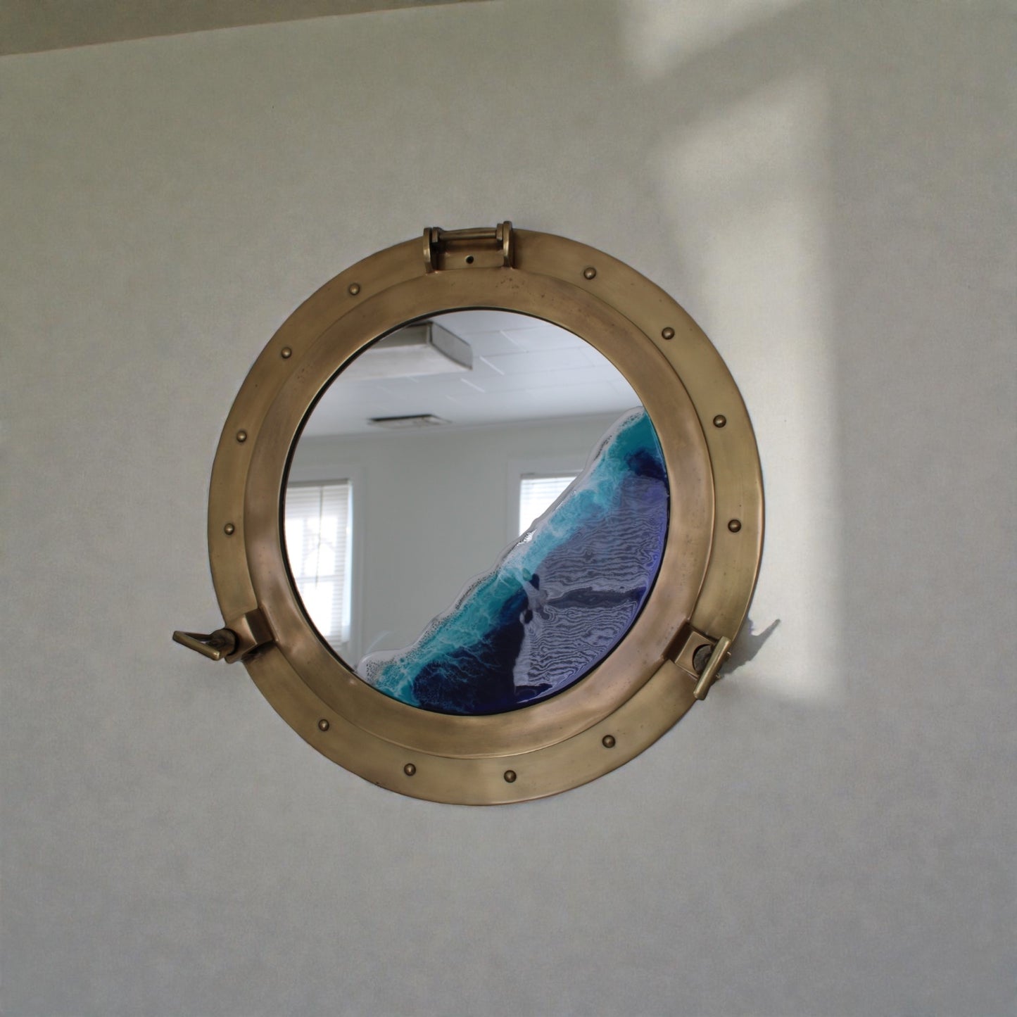 Nautical Ocean Resin Mirror with Gold Porthole Frame