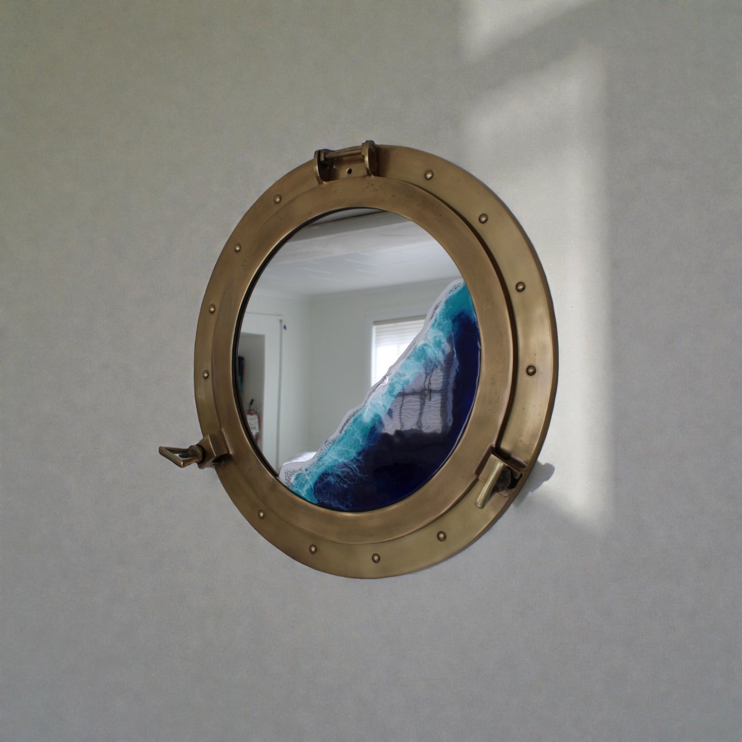 Nautical Ocean Resin Mirror with Gold Porthole Frame