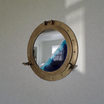 Nautical Ocean Resin Mirror with Gold Porthole Frame
