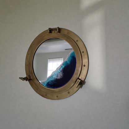 Nautical Ocean Resin Mirror with Gold Porthole Frame