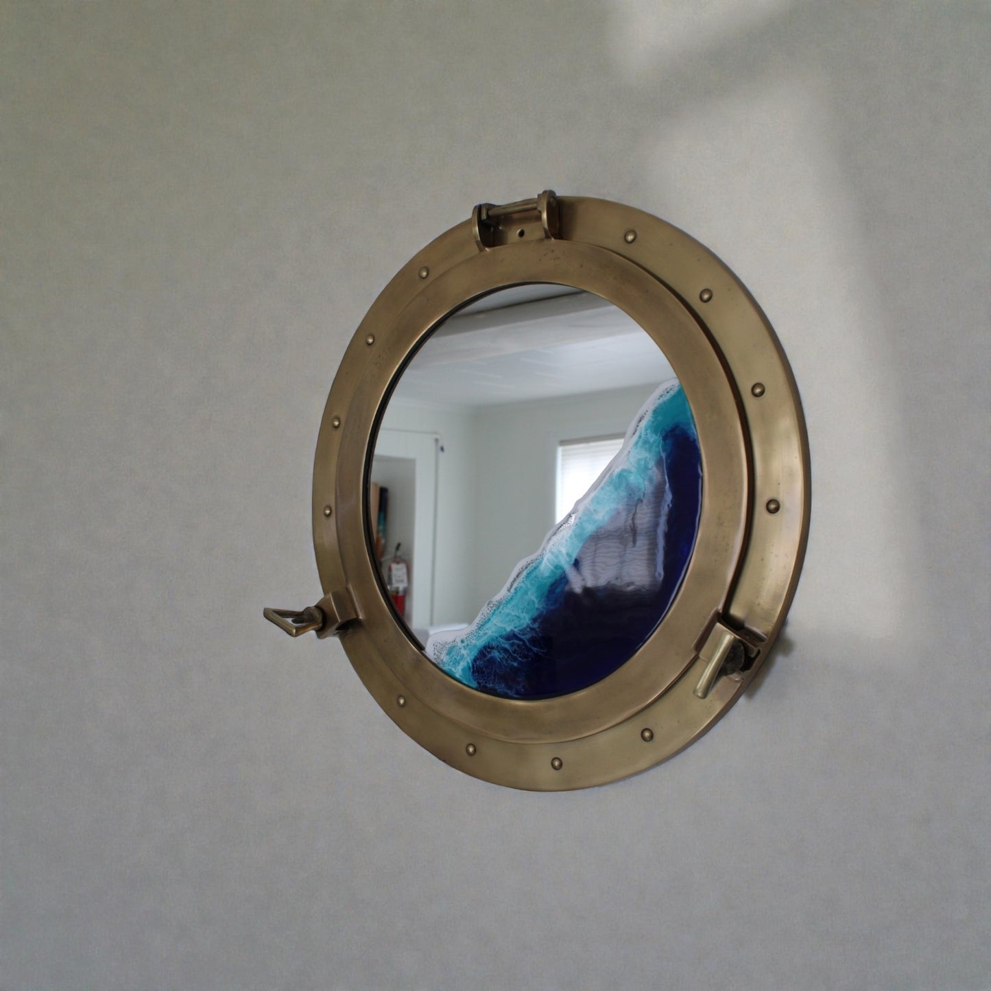Nautical Ocean Resin Mirror with Gold Porthole Frame