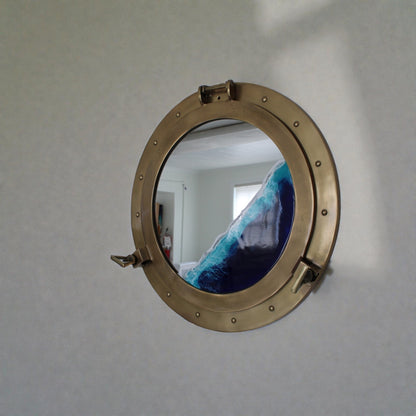 Nautical Ocean Resin Mirror with Gold Porthole Frame