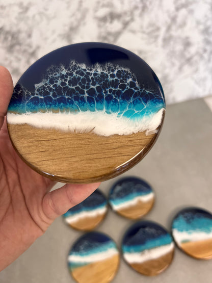 Personalized Ocean Resin Wood Coasters,  Beach House Nautical Coastal Decor