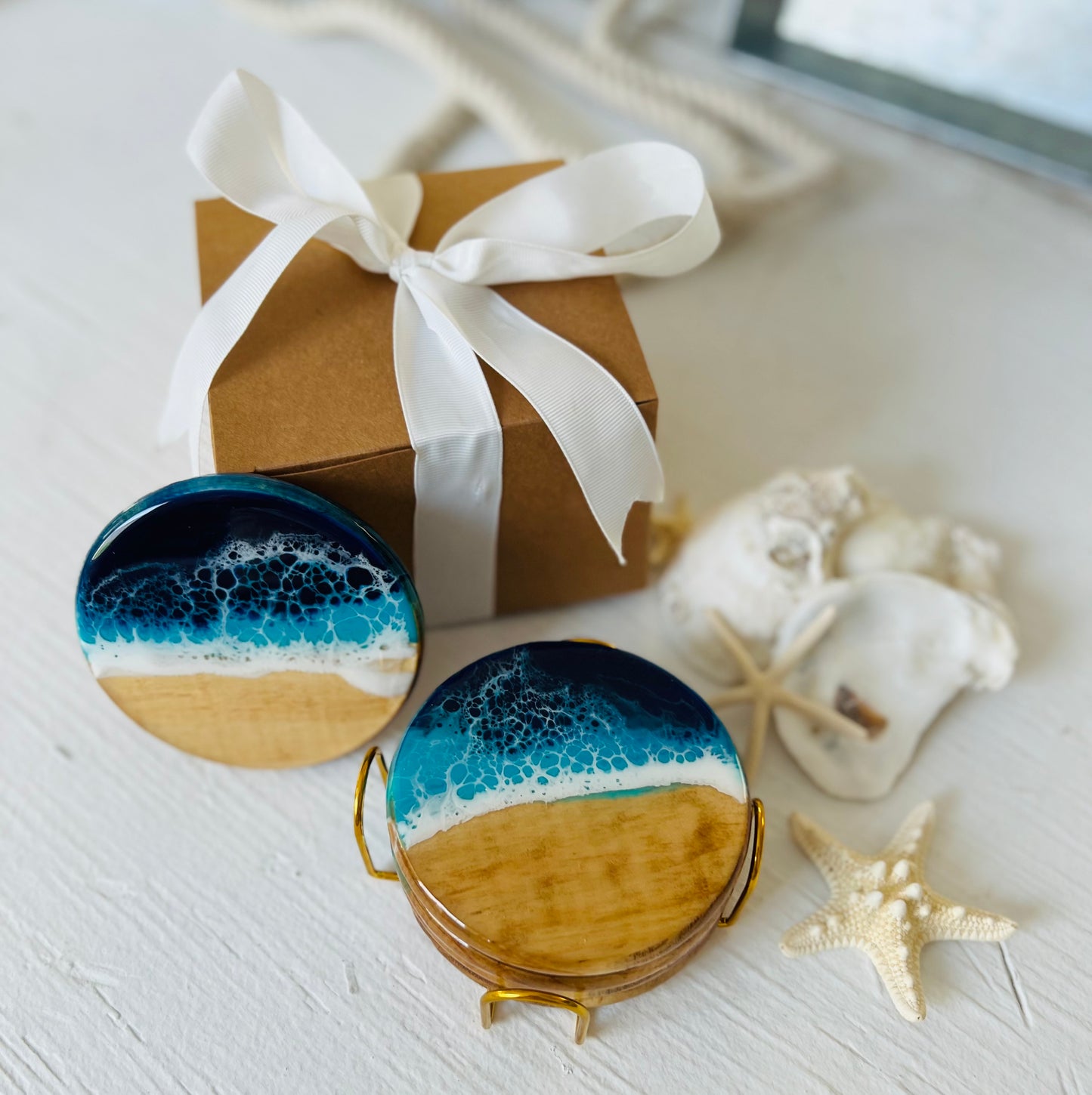 Personalized Ocean Resin Wood Coasters,  Beach House Nautical Coastal Decor