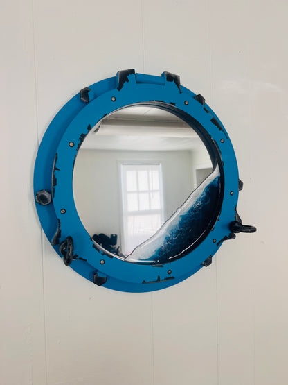 Nautical Ocean Resin Mirror with Distressed Porthole Frame