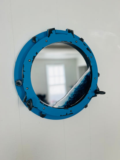 Nautical Ocean Resin Mirror with Distressed Porthole Frame