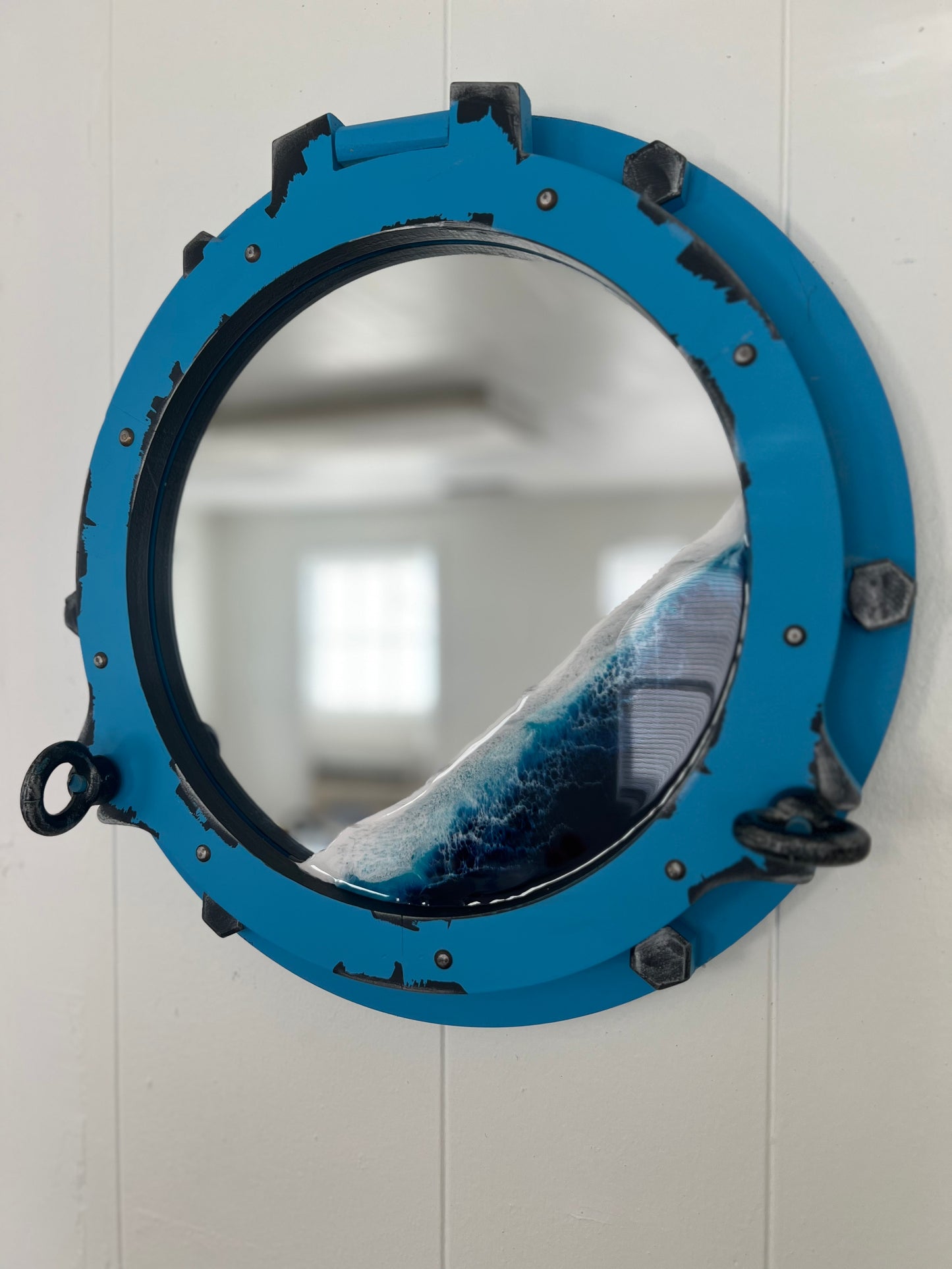 Nautical Ocean Resin Mirror with Distressed Porthole Frame