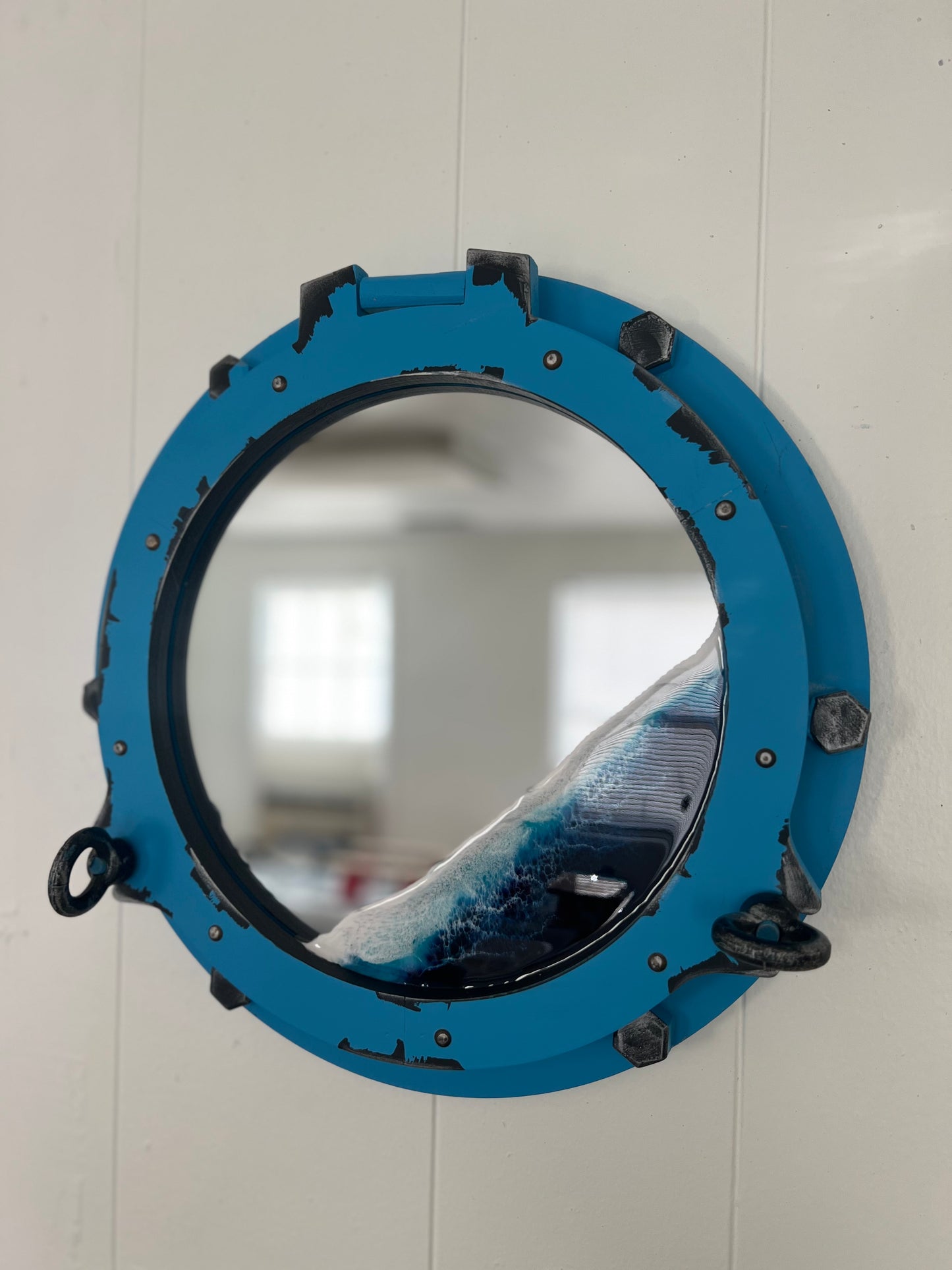 Nautical Ocean Resin Mirror with Distressed Porthole Frame