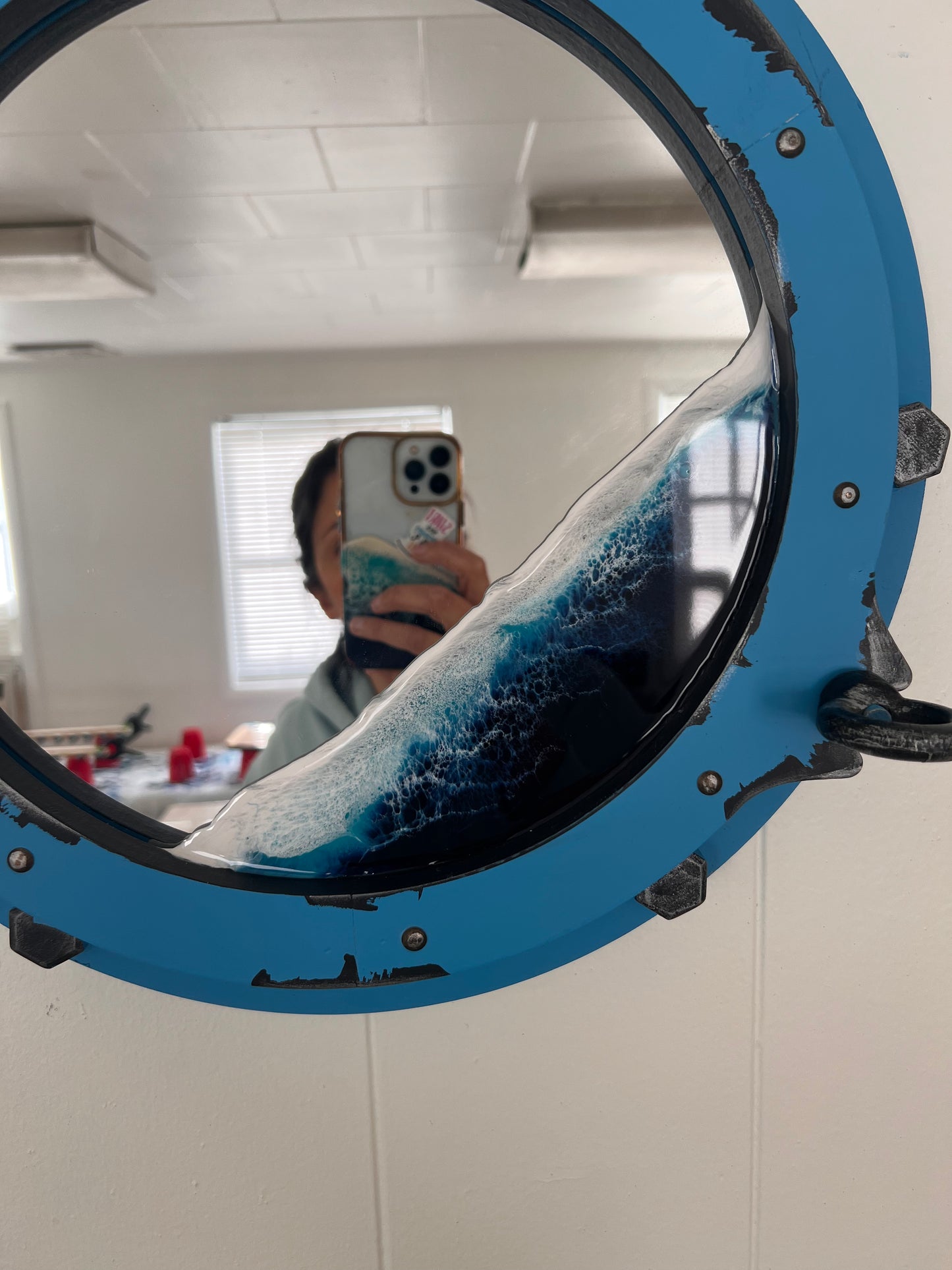 Nautical Ocean Resin Mirror with Distressed Porthole Frame