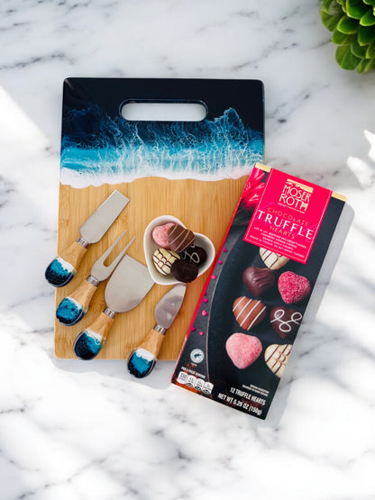 Ocean Wave Resin Cheese Board Set – Valentine's Day Gift with Heart-Shaped Bowl, Knife Set & Free Treat