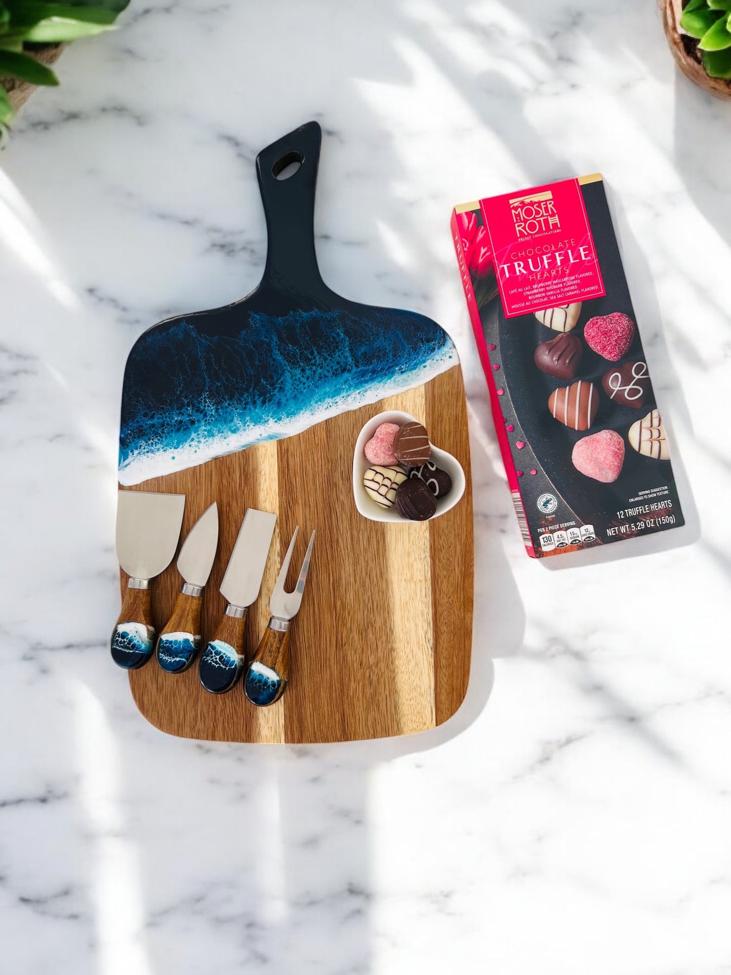 Ocean Wave Resin Cheese Board Set – Valentine's Day Gift with Heart-Shaped Bowl, Knife Set & Free Treat