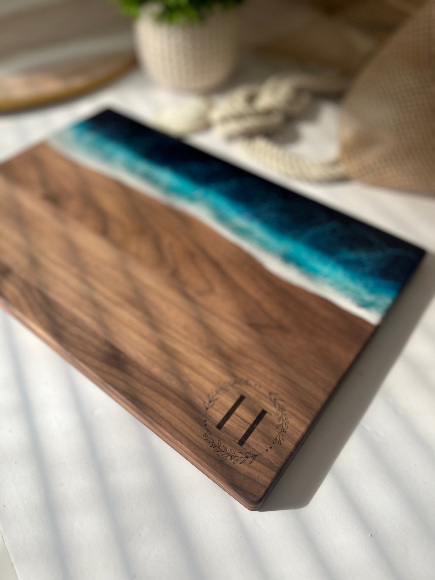 Personalized Walnut Ocean Resin Charcuterie Board with Cheese Knife Set