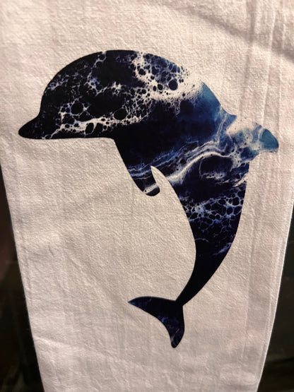 Kitchen Tea Towels with Original Ocean Nautical Design with Sea Turtle or Dolphin