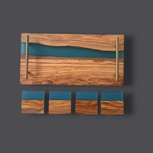 Resin River Olive Wood Tray with Matching Resin Coaster Set / Olive Blue Gift Set