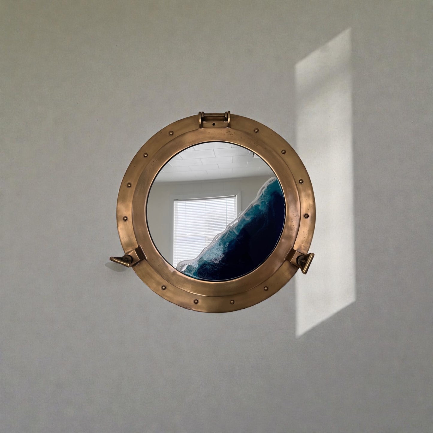 Nautical Ocean Resin Mirror with Gold Porthole Frame
