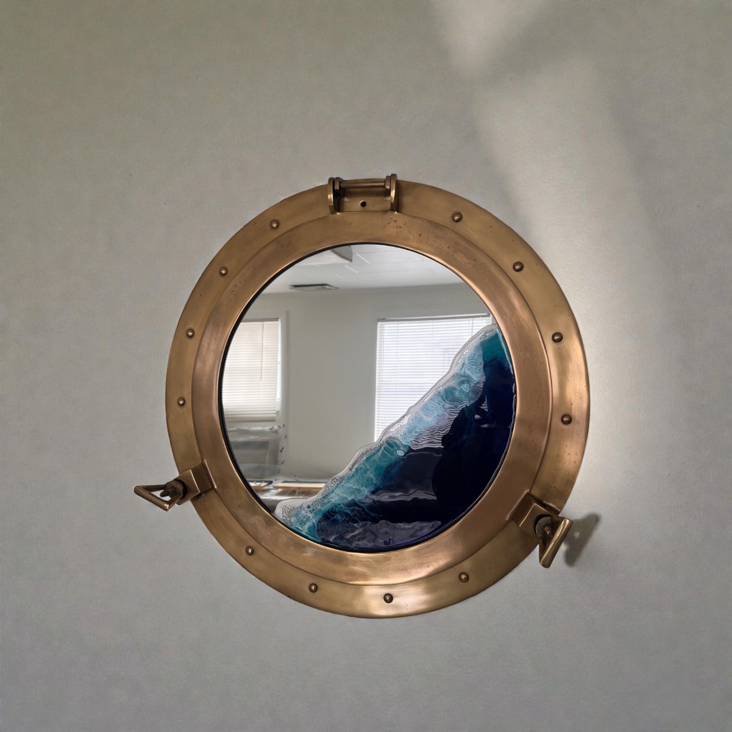 Nautical Ocean Resin Mirror with Gold Porthole Frame
