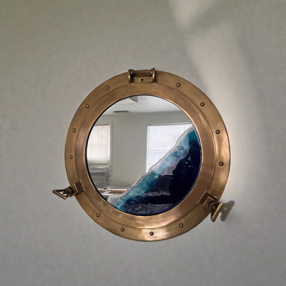 Nautical Ocean Resin Mirror with Gold Porthole Frame