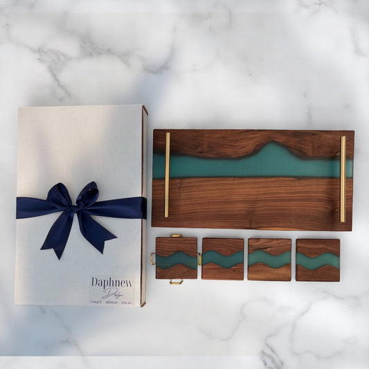 Personalized Resin River Tray and Coaster Set – Black Wood and Blue Epoxy