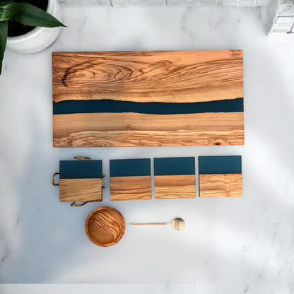 Personalized Newlywed Gift Set, Blue – Olive Wood Resin Charcuterie & Serving Board