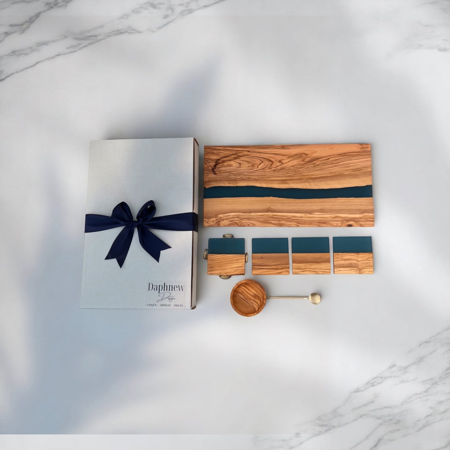 Personalized Newlywed Gift Set, Blue – Olive Wood Resin Charcuterie & Serving Board
