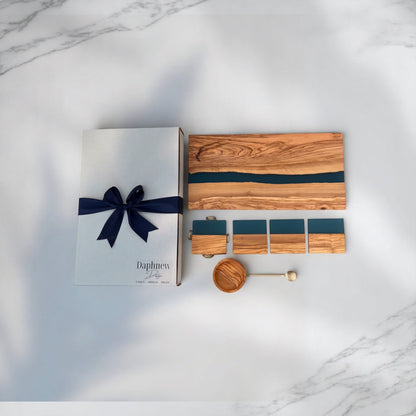 Personalized Newlywed Gift Set, Blue – Olive Wood Resin Charcuterie & Serving Board