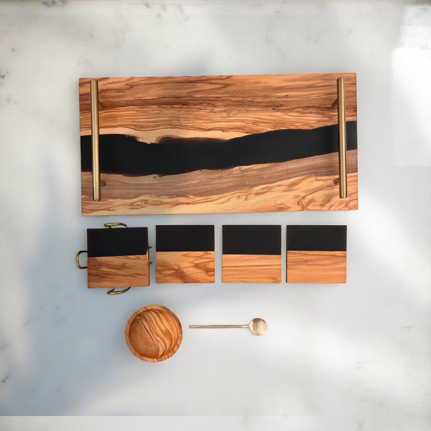 River Board Resin Tray from Olive Wood with Matching Black Resin Coaster Set