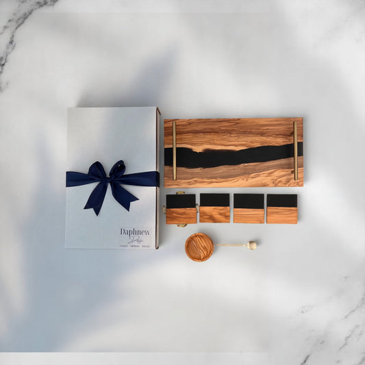 River Board Resin Tray from Olive Wood with Matching Black Resin Coaster Set