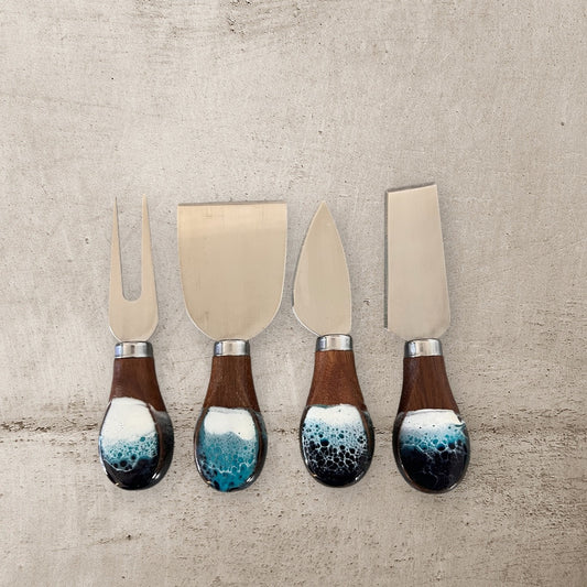 Cheese Knife Set with Ocean Resin Accent- Walnut