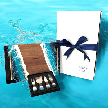 Ocean Resin Tray and Matching Walnut Cheese Knives Gift Set Personalized