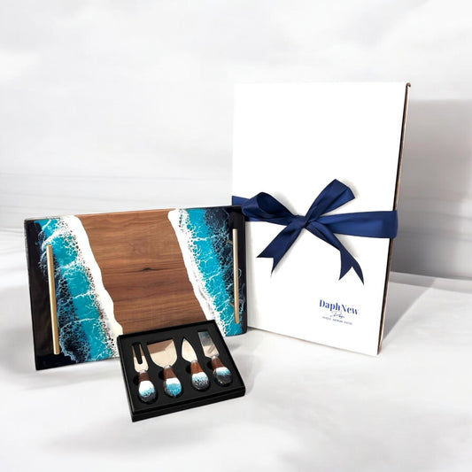 Ocean Resin Tray and Matching Walnut Cheese Knives Gift Set Personalized