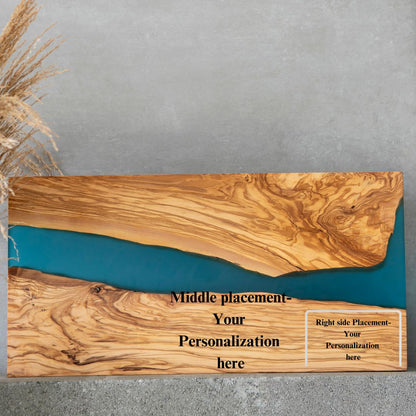 Personalized Resin Charcuterie Board – Olive Wood and Blue Epoxy