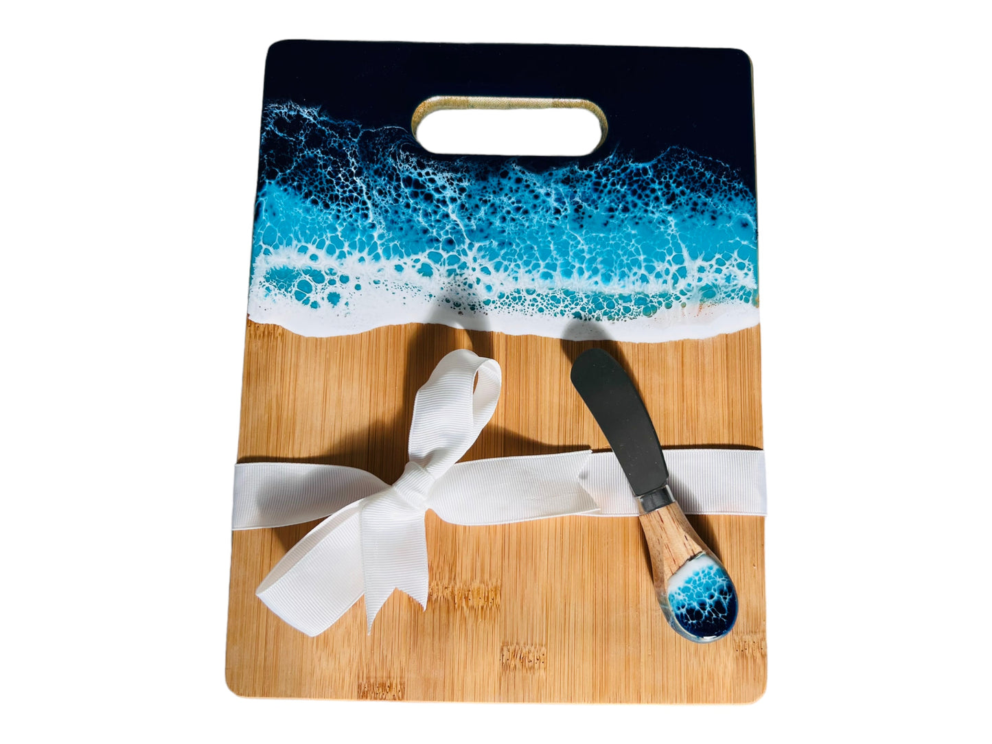 Bamboo Cheese and Charcuterie  Board with Resin Ocean Wave Art Gift Set  with Cheese Knives