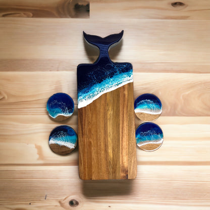 Nautical Charcuterie Board with Ocean Coaster Set -Whale Tail & Walnut & Acacia Cutting Board, Gift Box