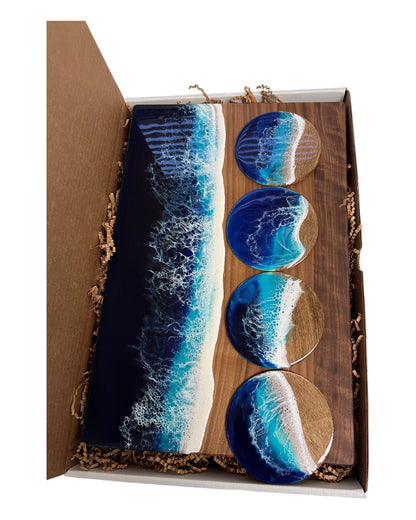 Nautical Charcuterie Board with Ocean Coaster Set -Whale Tail & Walnut & Acacia Cutting Board, Gift Box