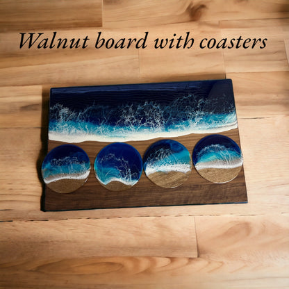 Nautical Charcuterie Board with Ocean Coaster Set -Whale Tail & Walnut & Acacia Cutting Board, Gift Box