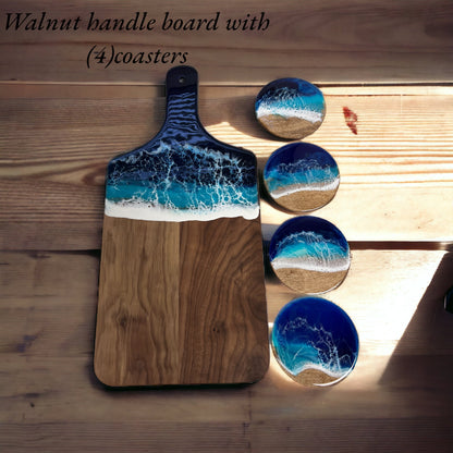 Nautical Charcuterie Board with Ocean Coaster Set -Whale Tail & Walnut & Acacia Cutting Board, Gift Box