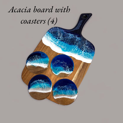 Nautical Charcuterie Board with Ocean Coaster Set -Whale Tail & Walnut & Acacia Cutting Board, Gift Box