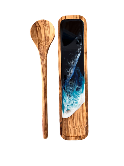 Ocean Resin Olive Wood Spoon Rest with Olive Wood Cooking Spoon Gift Set,Personalized & Unique Handmade