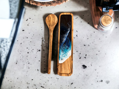 Ocean Resin Olive Wood Spoon Rest with Olive Wood Cooking Spoon Gift Set,Personalized & Unique Handmade