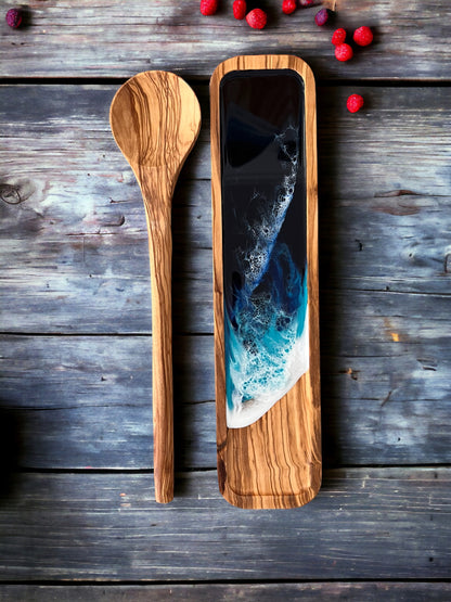 Ocean Resin Olive Wood Spoon Rest with Olive Wood Cooking Spoon Gift Set,Personalized & Unique Handmade