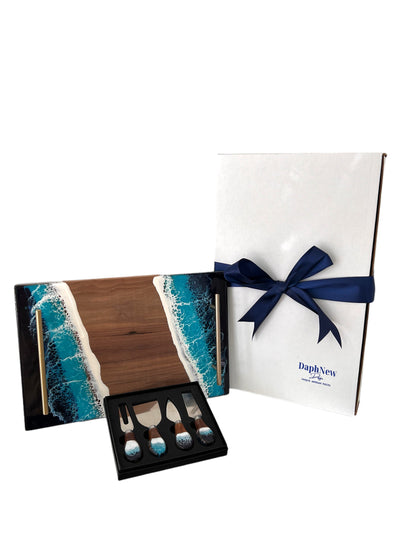 Ocean Resin Tray and Matching Walnut Cheese Knives Gift Set Personalized